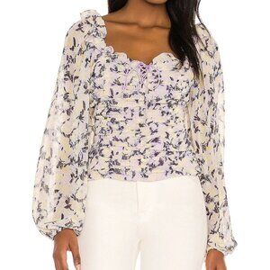 Free People Mabel Printed Blouse Top Women's XS Purple Yellow Open Back